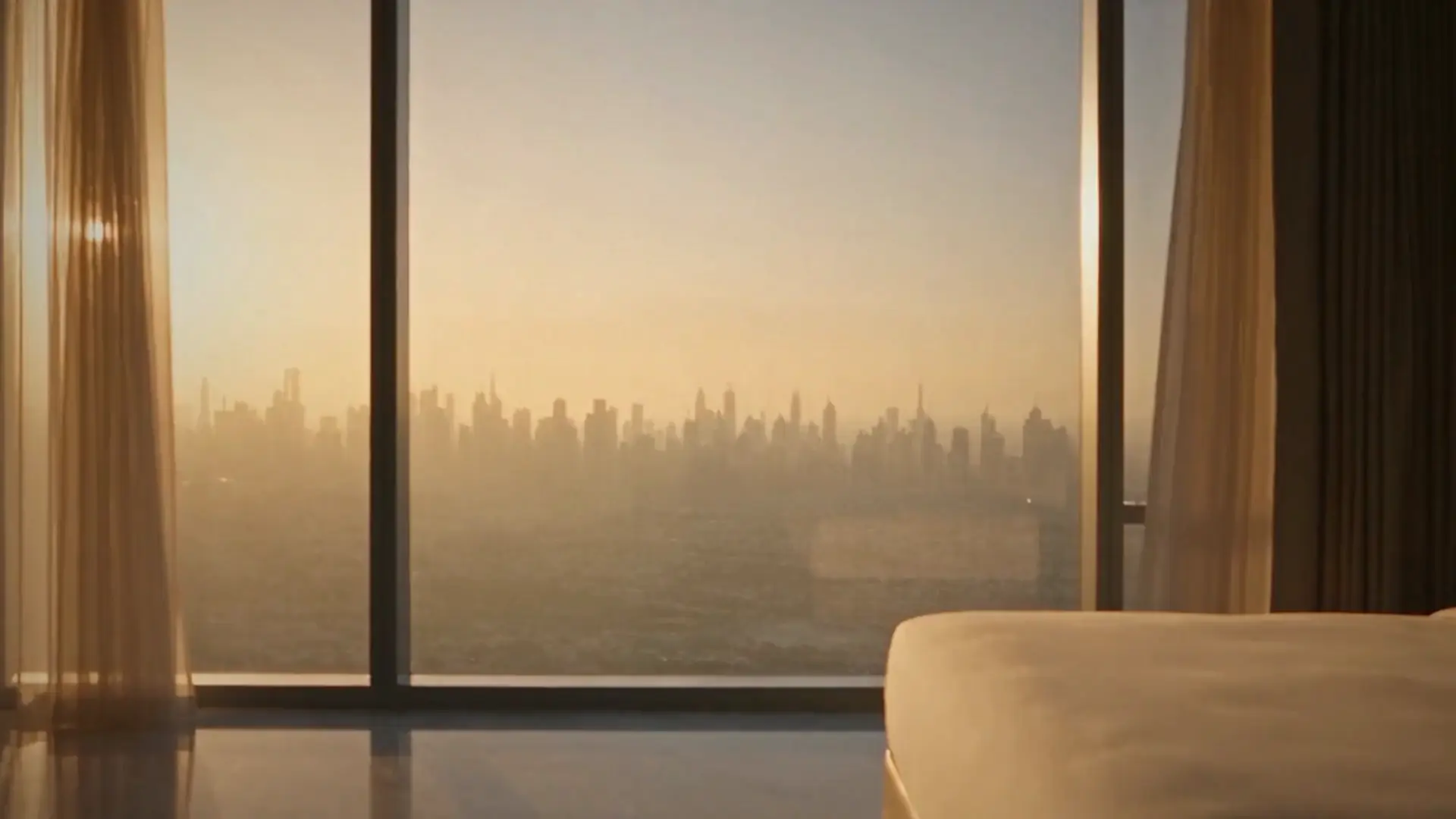 A hotel suite at golden hour, from the PHAL OS launch film
